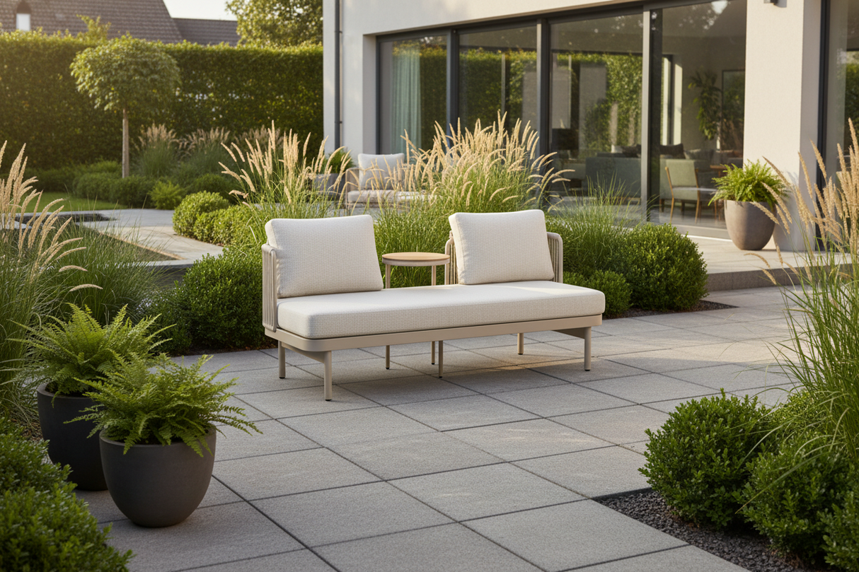 Horizon Aluminium 2 Seat Sofa Bench with Movable Table - Beige Rope