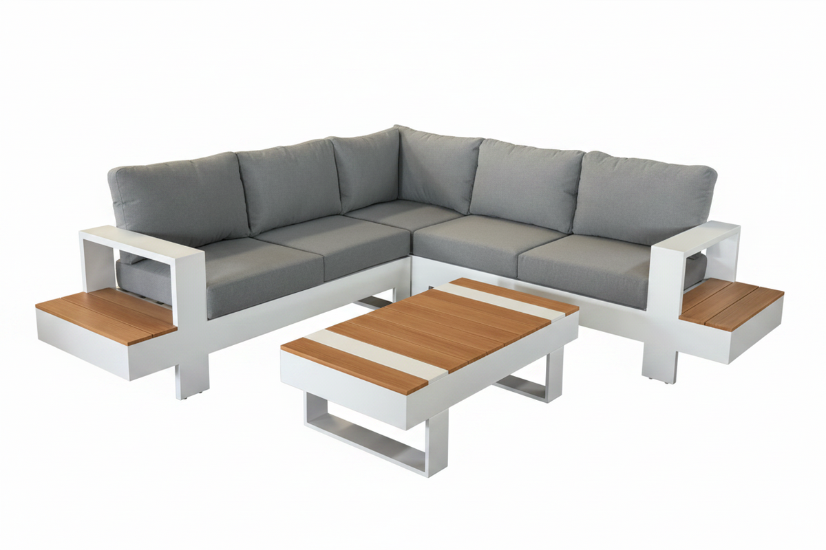 Ibiza White Aluminium Corner Set with Wood Effect Coffee Table