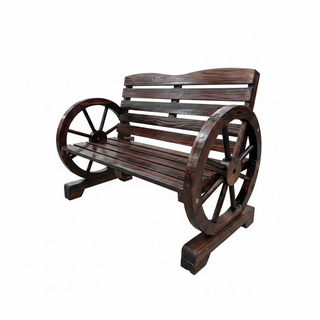Wooden Wagon Wheel Garden Bench, Rustic Outdoor Bench