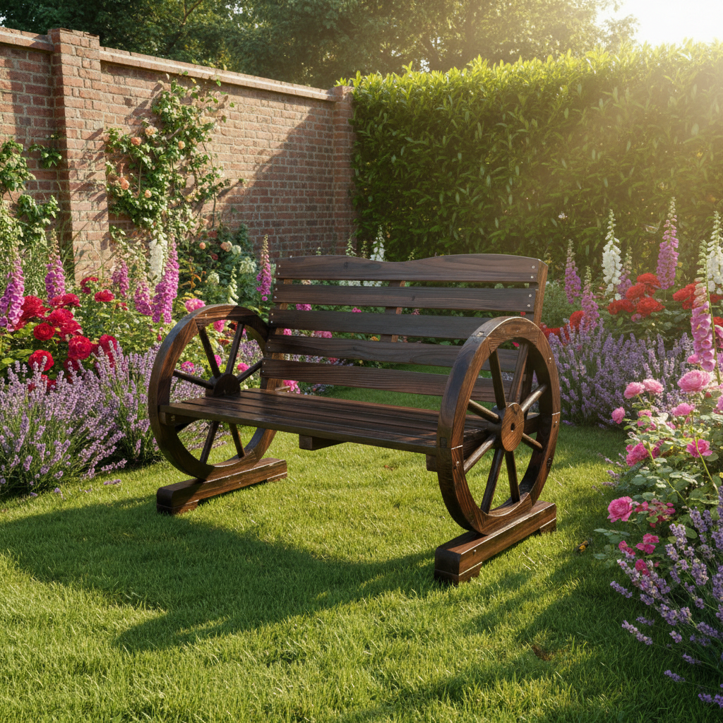 Wooden Wagon Wheel Garden Bench, Rustic Outdoor Bench