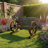 Wooden Wagon Wheel Garden Bench, Rustic Outdoor Bench