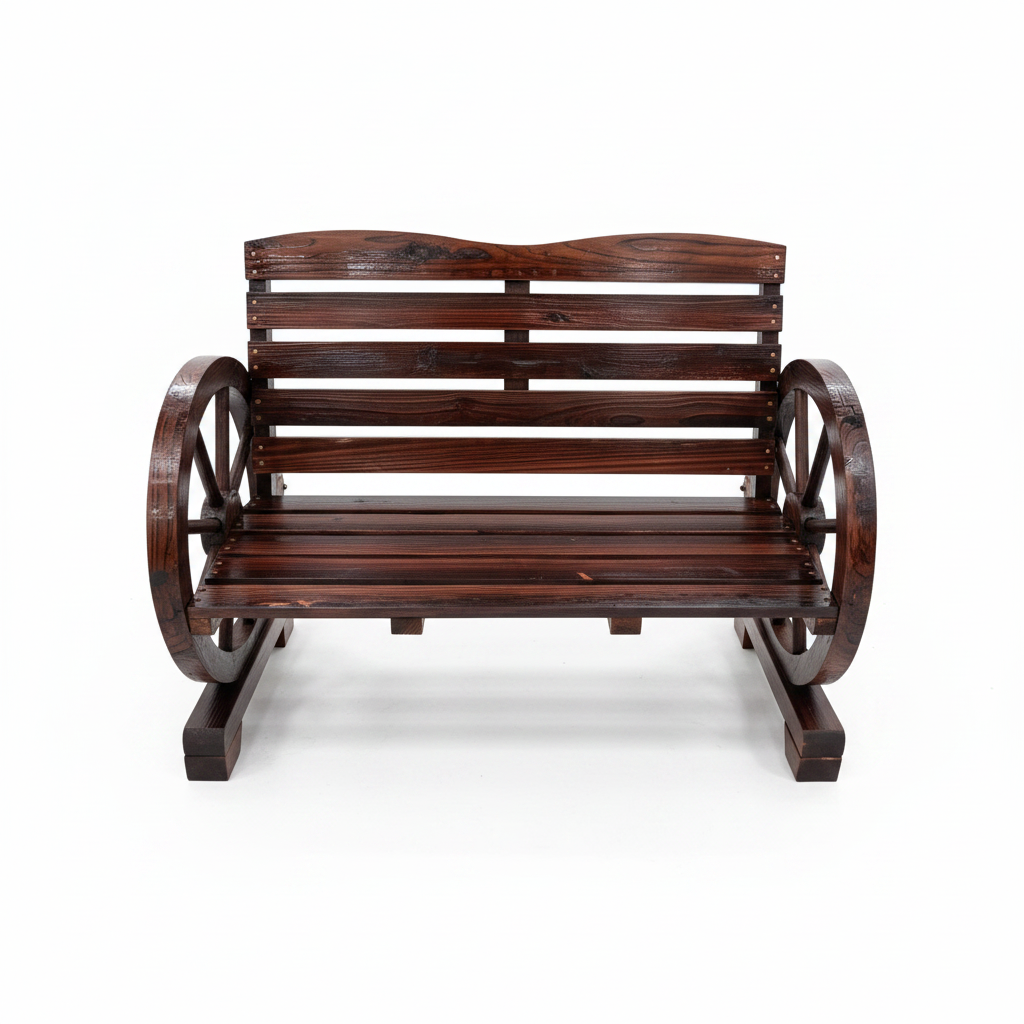 Wooden Wagon Wheel Garden Bench, Rustic Outdoor Bench