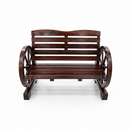 Wooden Wagon Wheel Garden Bench, Rustic Outdoor Bench