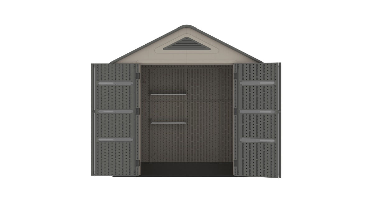 8 x 6 Plastic Garden Shed 10 Year Warranty Includes Shelves Hooks Lighting with Motion Detector