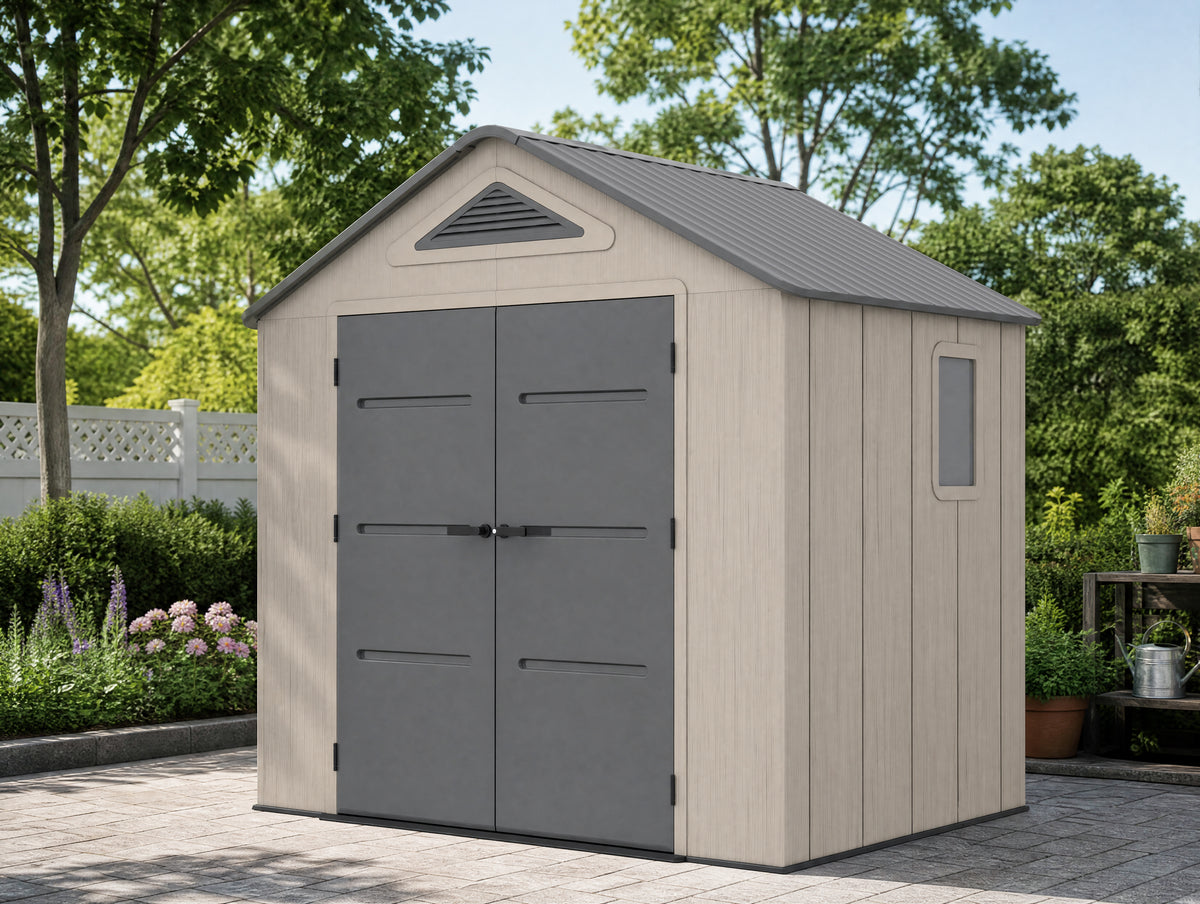 8 x 6 Plastic Garden Shed 10 Year Warranty Includes Shelves Hooks Lighting with Motion Detector