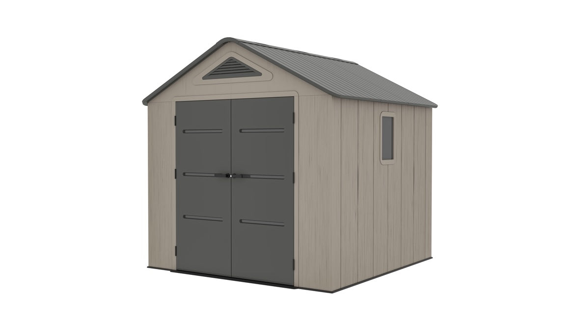 8 x 8  Plastic Garden Shed 10 Year Warranty Includes Shelves Hooks Lighting with Motion Detector