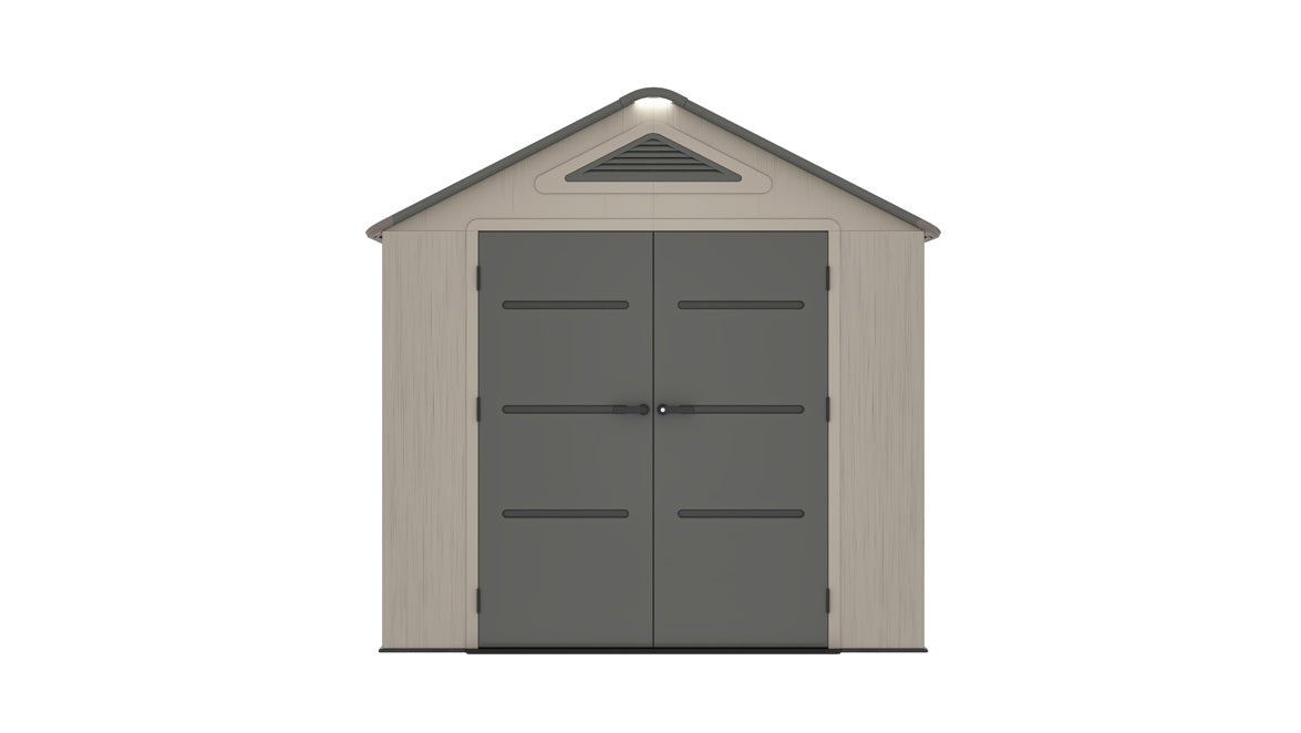 8 x 8  Plastic Garden Shed 10 Year Warranty Includes Shelves Hooks Lighting with Motion Detector