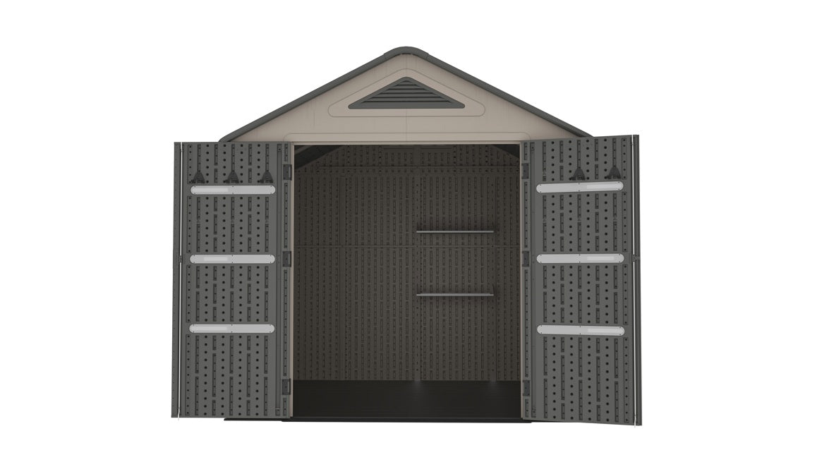8 x 8  Plastic Garden Shed 10 Year Warranty Includes Shelves Hooks Lighting with Motion Detector