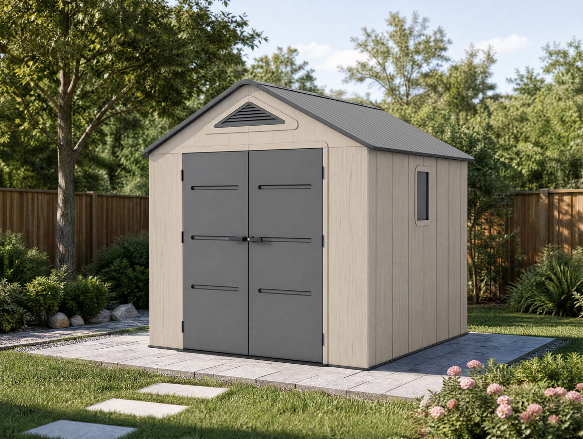 8 x 8  Plastic Garden Shed 10 Year Warranty Includes Shelves Hooks Lighting with Motion Detector