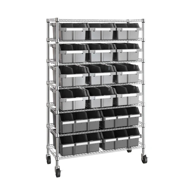 Seville 7 Tier Commercial Bin Storage with 16 Bins & Wheels