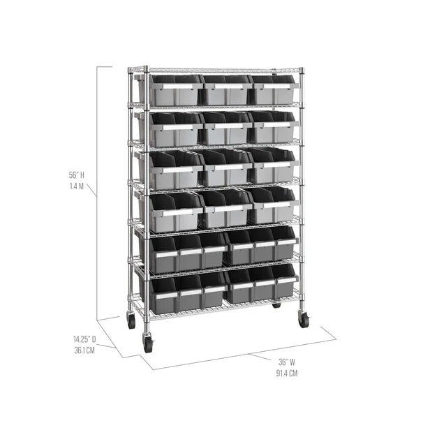Seville 7 Tier Commercial Bin Storage with 16 Bins & Wheels