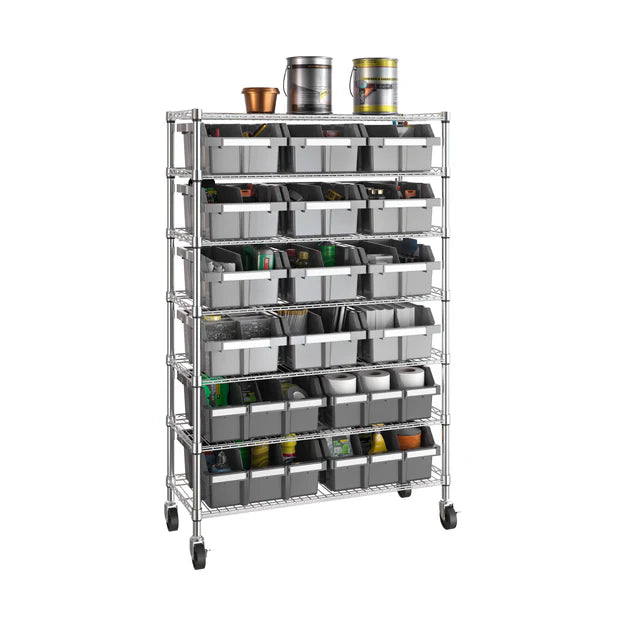 Seville 7 Tier Commercial Bin Storage with 16 Bins & Wheels