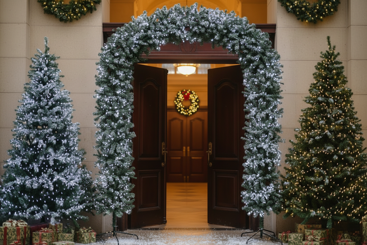 220cm Wide Curved Double Christmas Door Arch - Pre-Lit - Ice White LED's