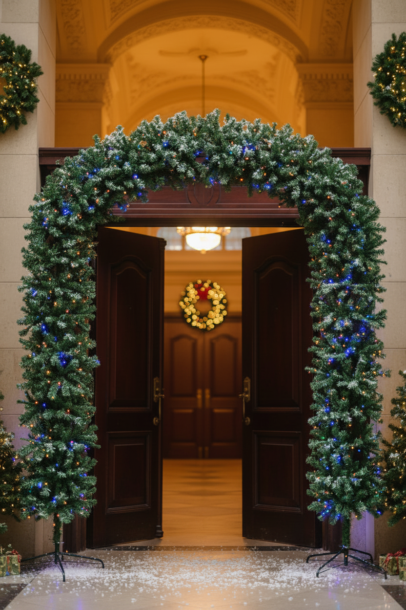 220cm Wide Curved Double Christmas Door Arch - Pre-Lit - Multicolour LED's