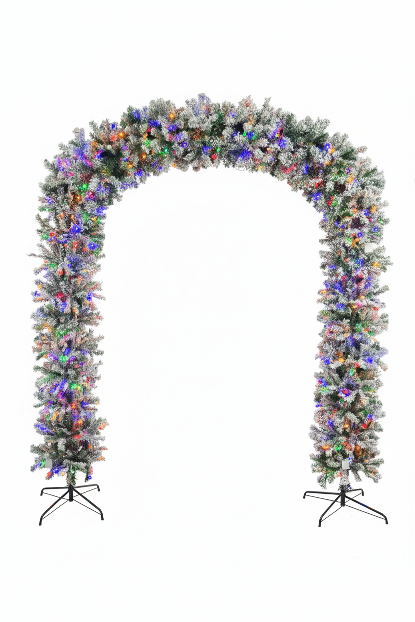 220cm Wide Curved Double Christmas Door Arch - Snow Flocked - Pre-Lit Multicolour