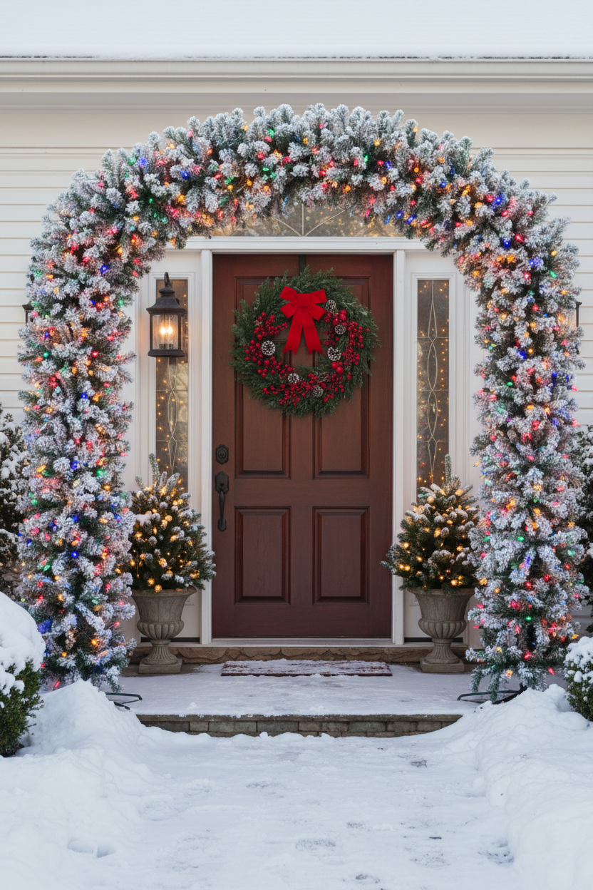 220cm Wide Curved Double Christmas Door Arch - Snow Flocked - Pre-Lit Multicolour