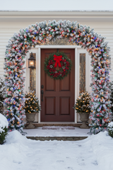 220cm Wide Curved Double Christmas Door Arch - Snow Flocked - Pre-Lit Multicolour