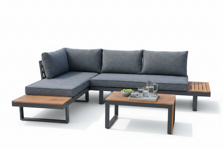 Garden Corner Sofa Set with Faux Wood Accents in Dark Grey