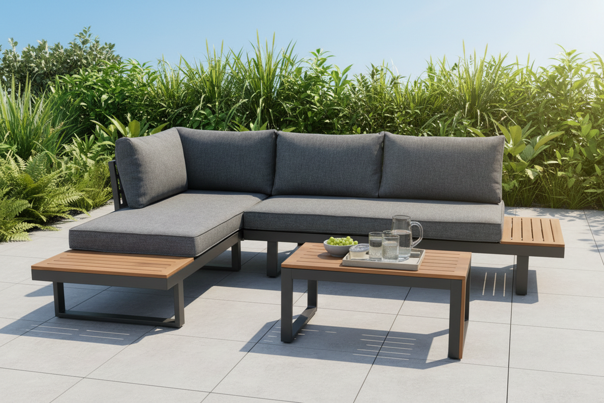 Shoreline Garden Corner Sofa Set with Faux Wood Accents in Dark Grey