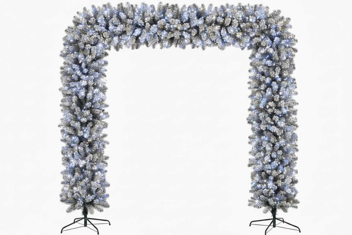 220cm Wide Double Christmas Door Arch - Snow Flocked - Ice White LED's