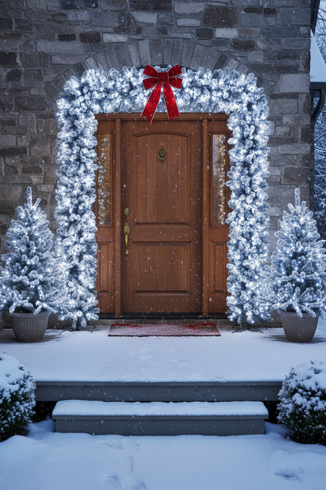 150cm Wide Single Christmas Door Arch - Snow Flocked - Pre-Lit Ice White