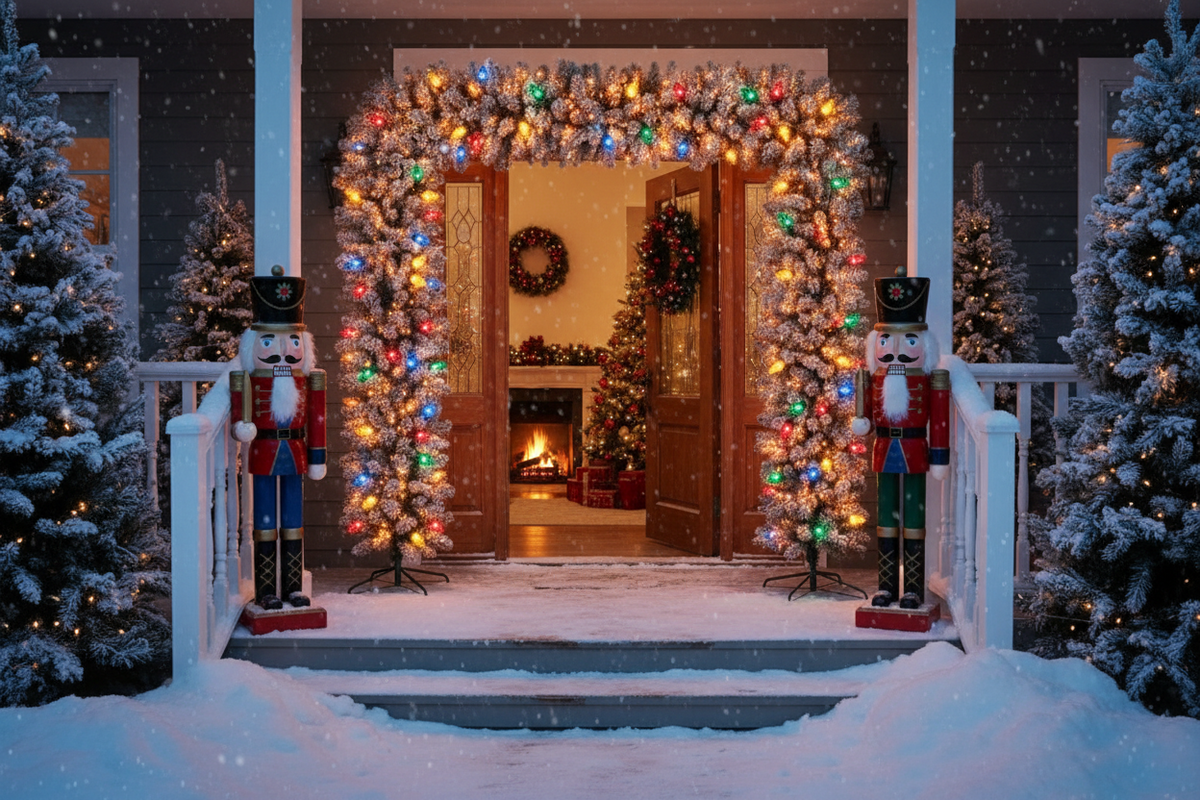220cm Wide Double Christmas Door Arch - Snow Flocked - Multicolour LED's