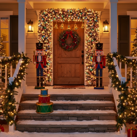 150cm Wide Single Christmas Door Arch - Snow Flocked - Pre-Lit Multicolour