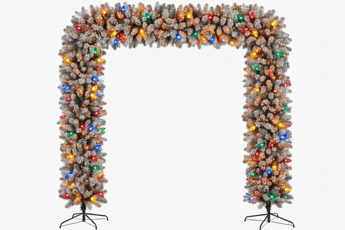220cm Wide Double Christmas Door Arch - Snow Flocked - Multicolour LED's