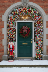 150cm Wide Single Curved Christmas Door Arch - Snow Flocked - Pre-Lit Multicolour