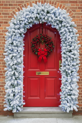 150cm Wide Single Curved Christmas Door Arch - Snow Flocked - Pre-Lit Ice White