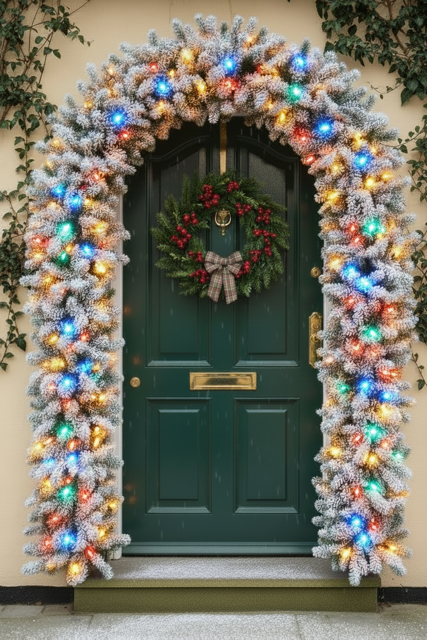 150cm Wide Single Curved Christmas Door Arch - Snow Flocked - Pre-Lit Multicolour