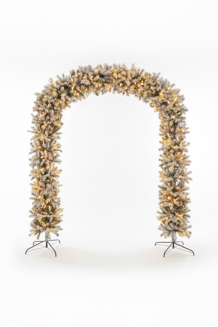 220cm Wide Curved Double Christmas Door Arch - Snow Flocked - Pre-Lit Warm White