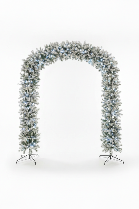 220cm Wide Curved Double Christmas Door Arch - Snow Flocked - Pre-Lit Ice White