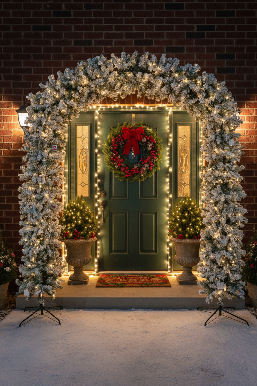 220cm Wide Curved Double Christmas Door Arch - Snow Flocked