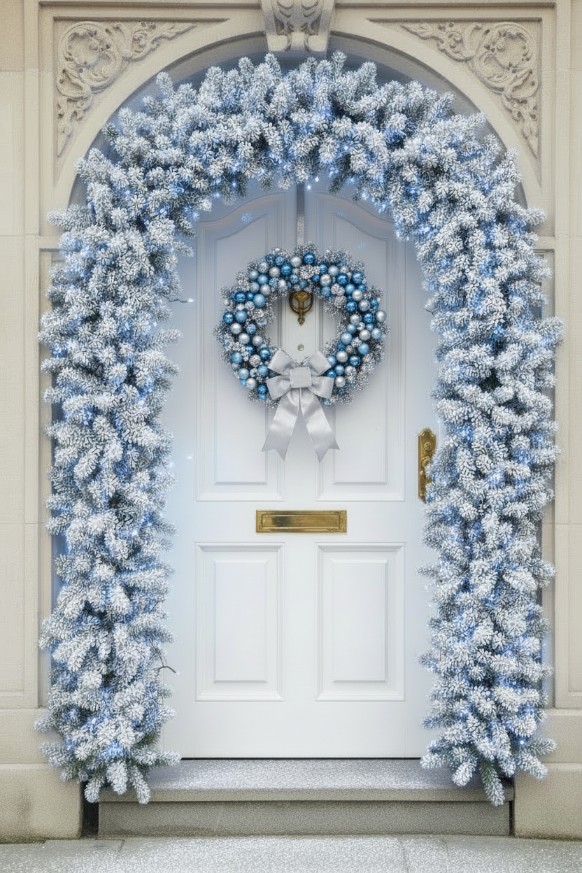 150cm Wide Single Curved Christmas Door Arch - Snow Flocked - Pre-Lit Ice White