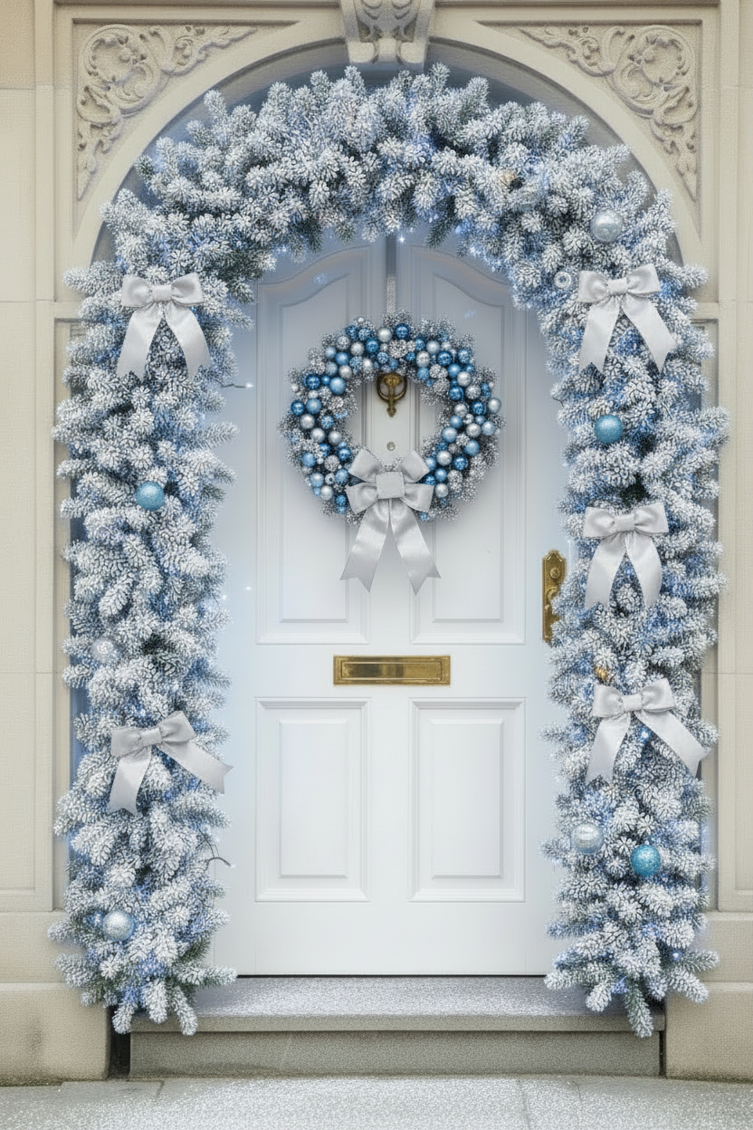 150cm Wide Single Curved Christmas Door Arch - Snow Flocked - Pre-Lit Ice White