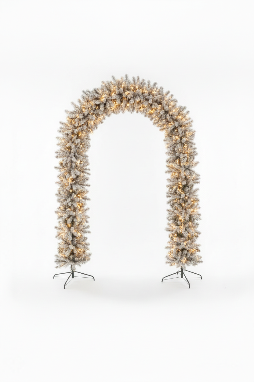 150cm Wide Single Curved Christmas Door Arch - Snow Flocked - Pre-Lit Warm White