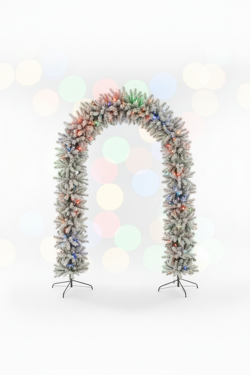 150cm Wide Single Curved Christmas Door Arch - Snow Flocked - Pre-Lit Multicolour