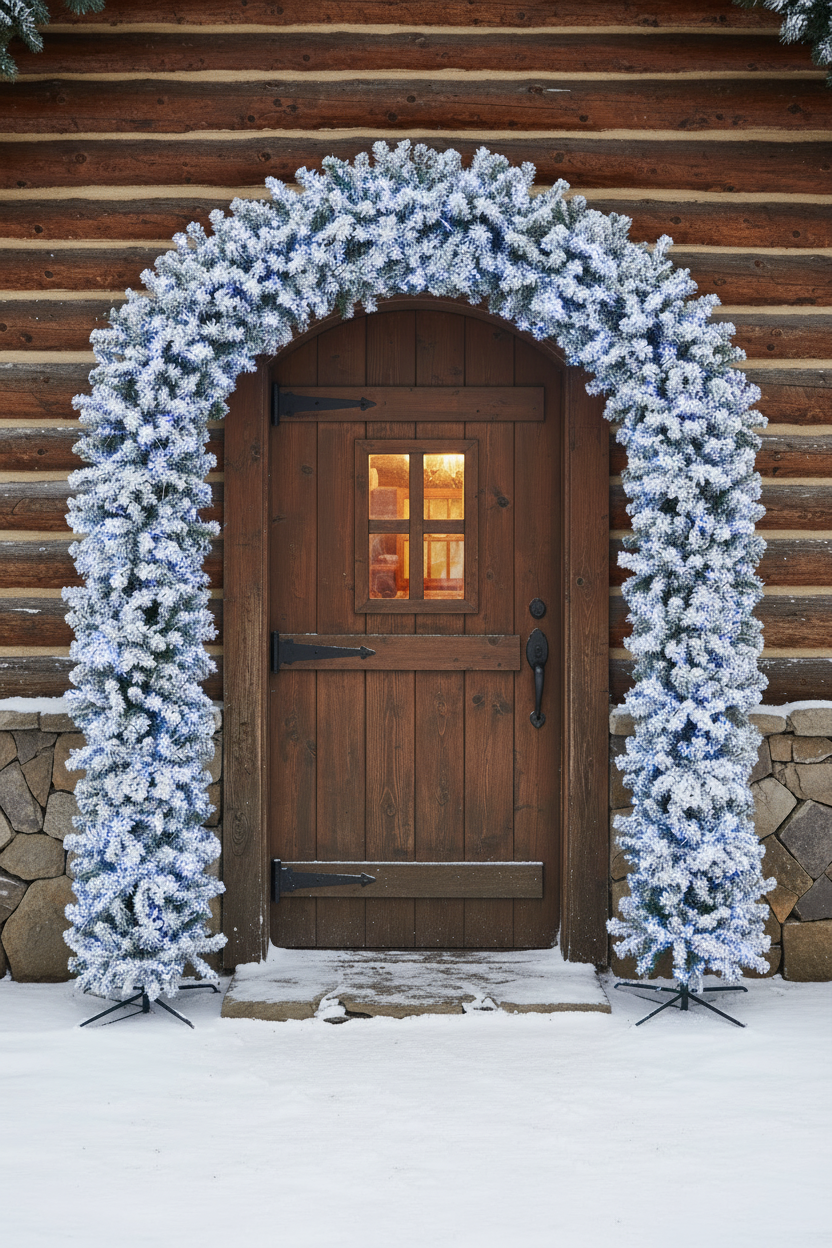 220cm Wide Curved Double Christmas Door Arch - Snow Flocked - Pre-Lit Ice White