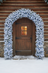 220cm Wide Curved Double Christmas Door Arch - Snow Flocked - Pre-Lit Ice White