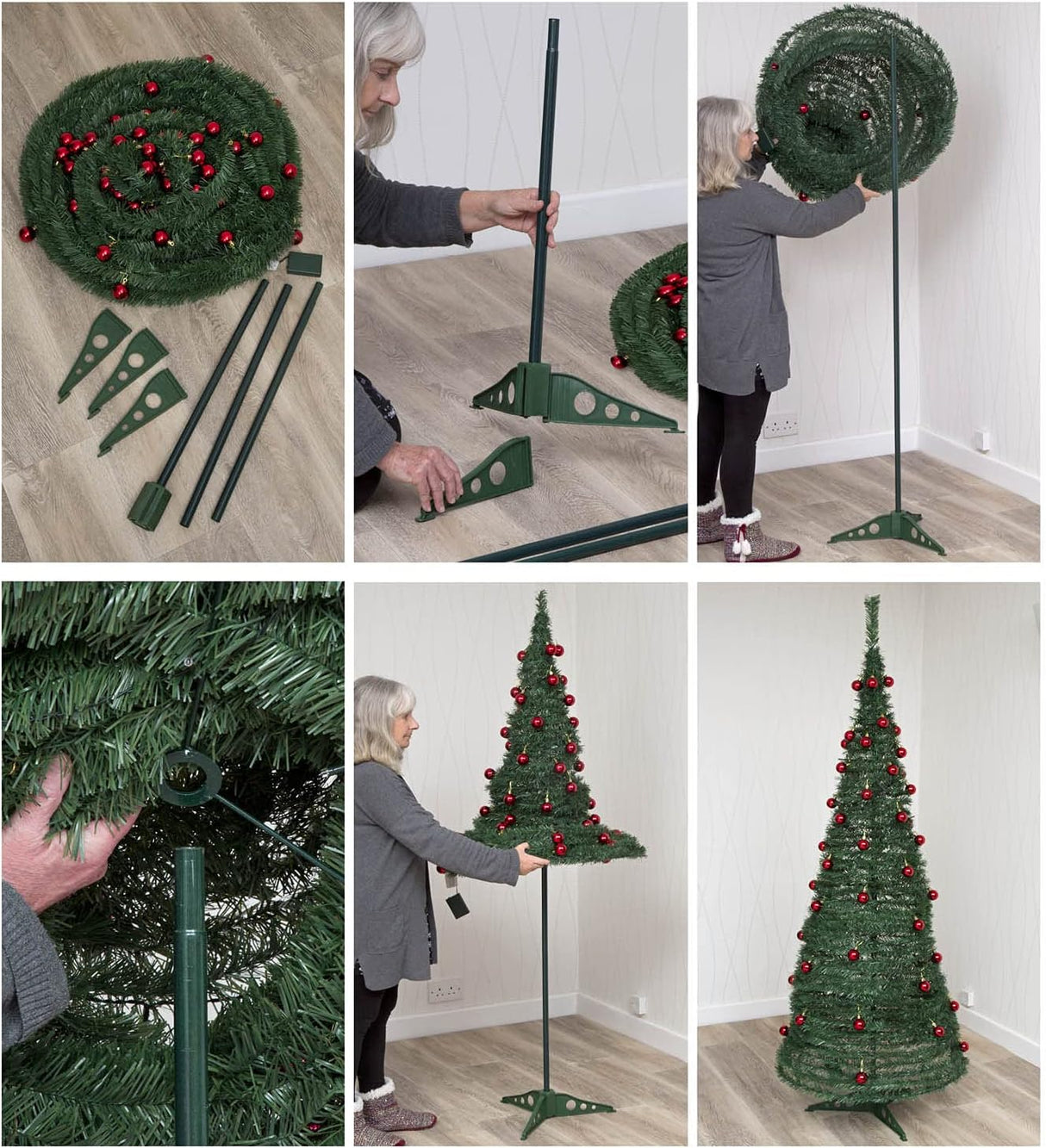 Pre-Lit Pop up Christmas Tree with Red Baubles - Mains Operated - 6ft/180cm