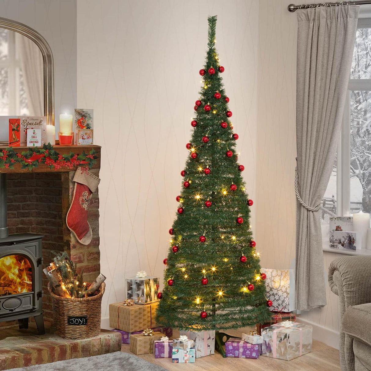 Pre-Lit Pop up Christmas Tree with Red Baubles - Mains Operated - 6ft/180cm