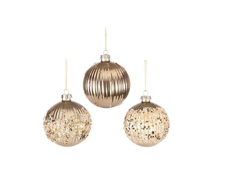 Set of 3 Gold Metallic Glass Christmas Tree Decorations 80mm