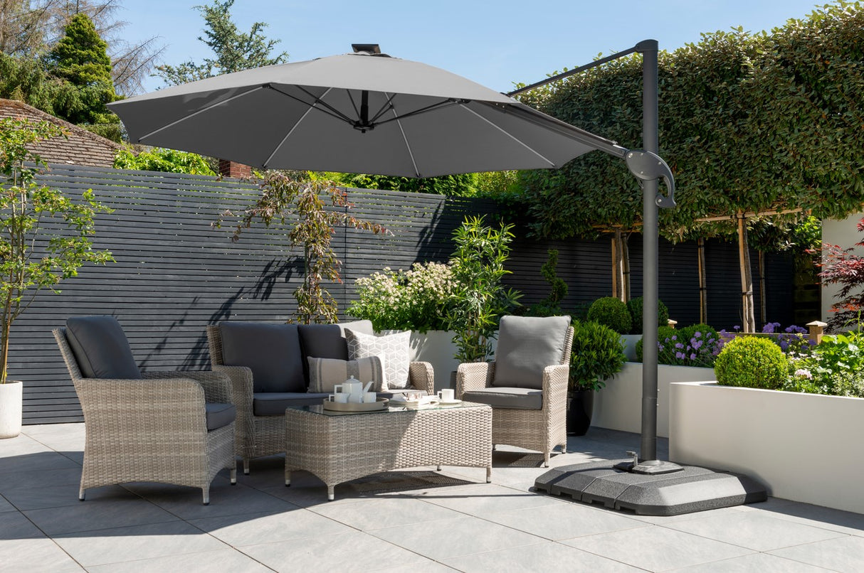 One Box Parasol 3m Round Led Cantilever With Water Filled Base - Grey