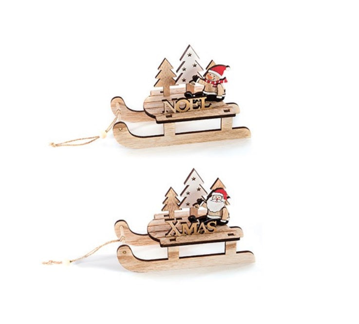 Set of 2 Wooden Sleigh Christmas Decorations 19cm