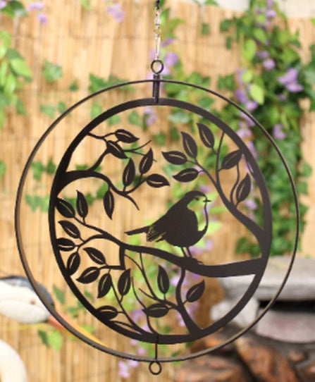 Metal Robin in Tree Hanging Silhouette Orbit Spinner - Black