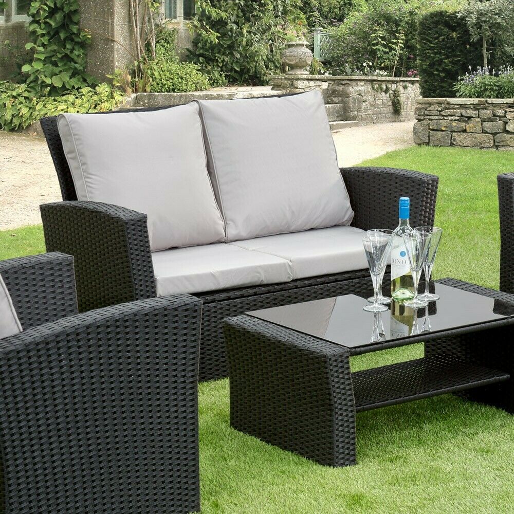 GSD Rattan 4 Piece Lounge Set - Black with Grey Cushions