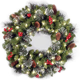 Crestwood Wreath with Silver Bristles, Cones, Red Berries and Soft White LED Lights