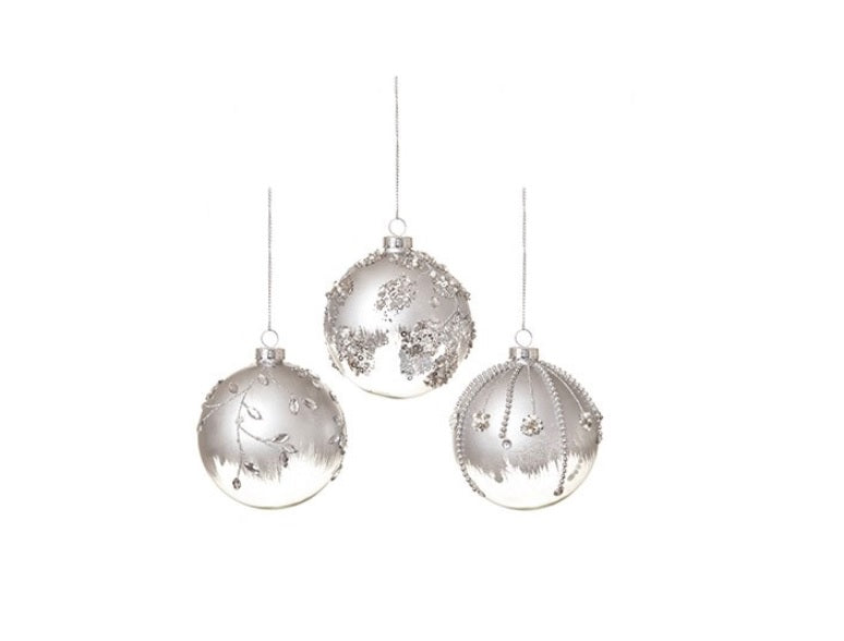 Set of 3 Silver & Clear Christmas Tree Decoration Glass Ball Baubles 80mm