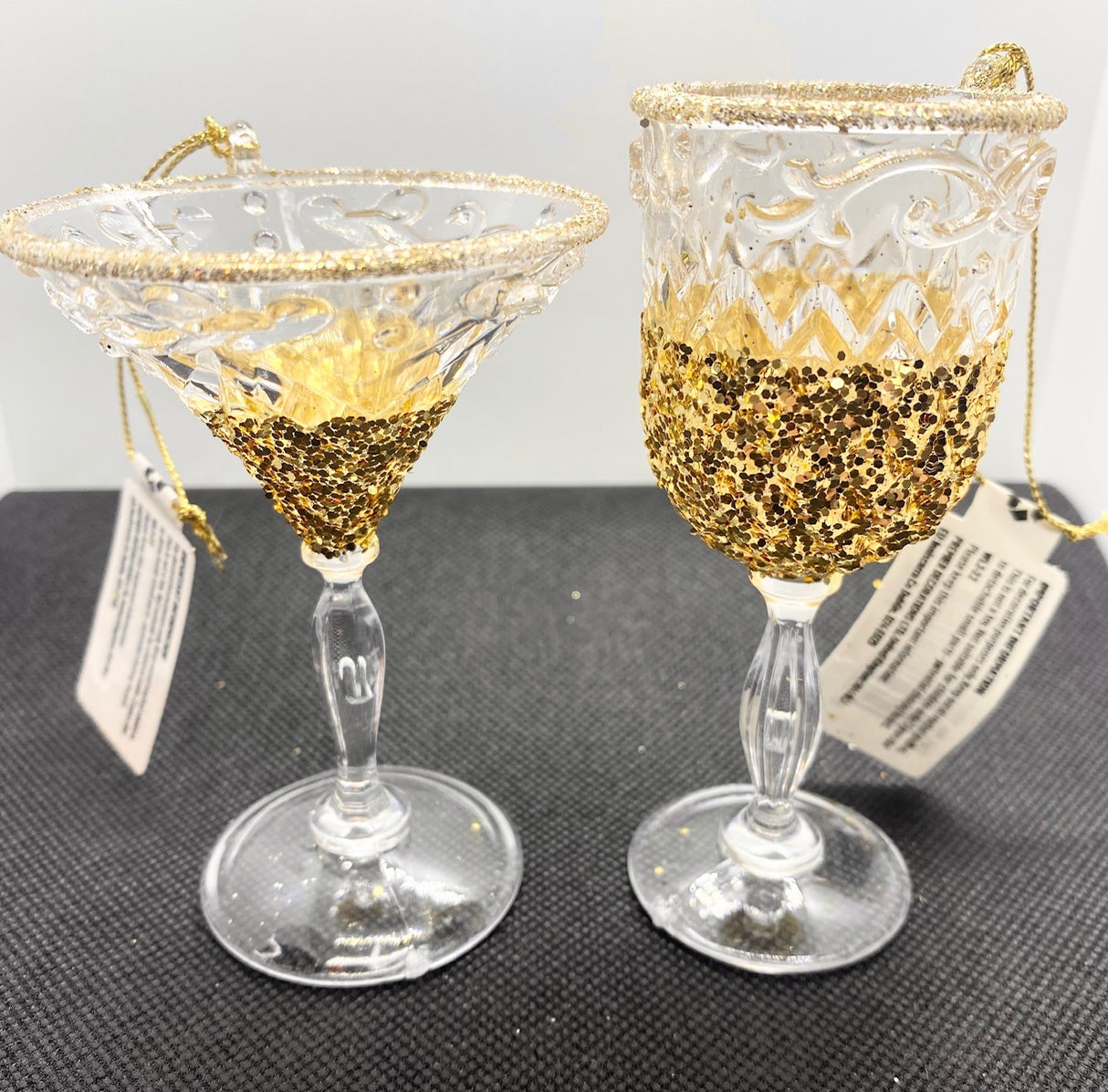 Set of 2 Gold Glitter Wine Glass Christmas Tree Decorations 10cm